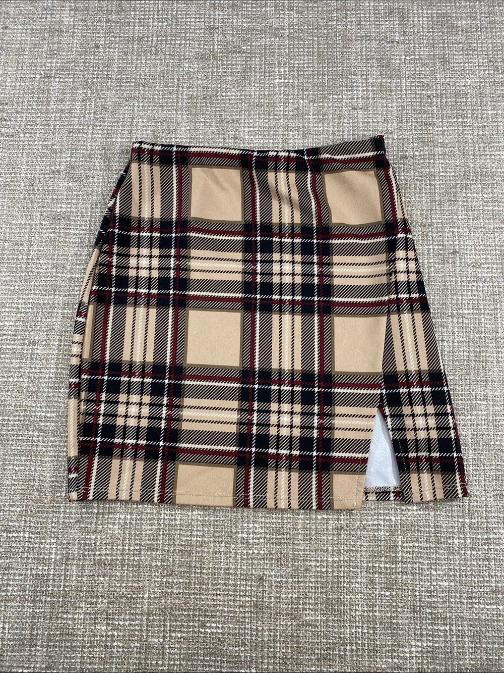 Windsor Beige Plaid Mini Skirt with Black & Red Accents